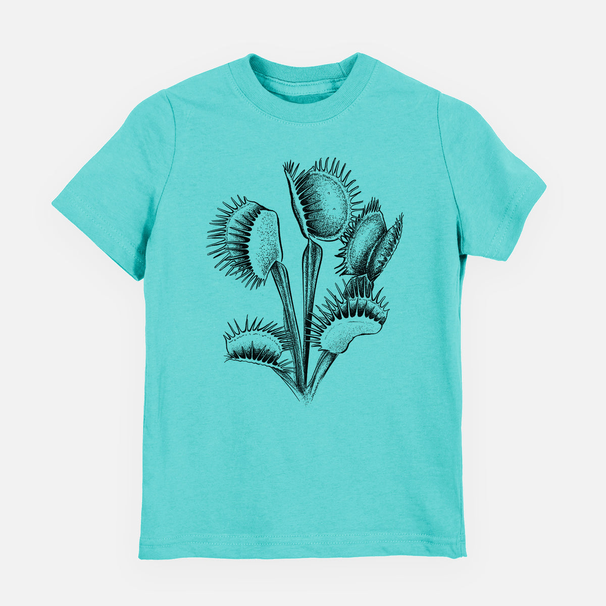 Caribbean blue youth t-shirt laid flat, printed with a black ink illustration of a Venus flytrap plant with open traps.