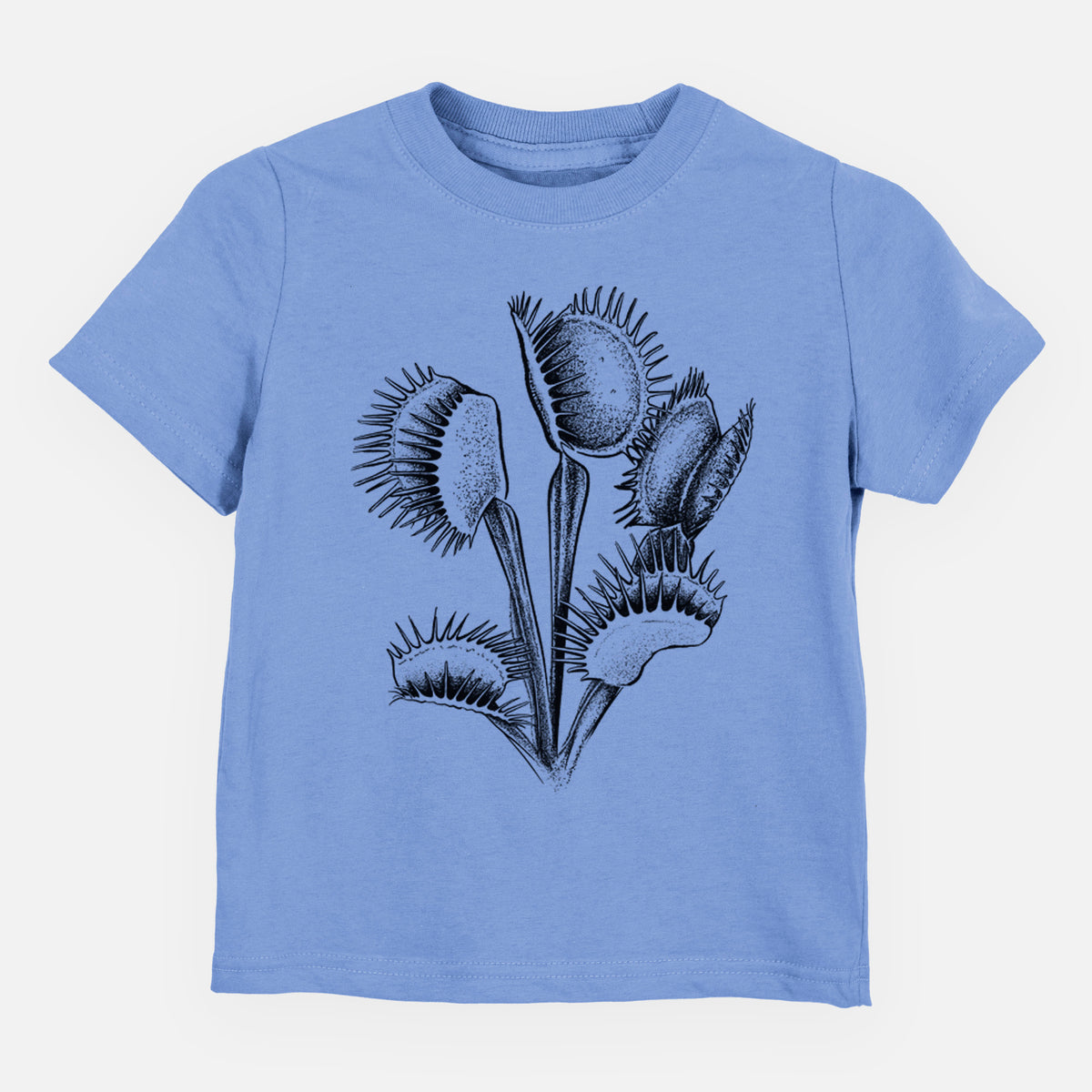 Carolina blue toddler t-shirt laid flat, printed with a black ink illustration of a Venus flytrap plant with open traps.