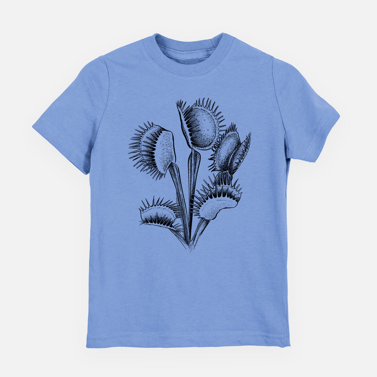 Carolina blue youth t-shirt laid flat, printed with a black ink illustration of a Venus flytrap plant with open traps.