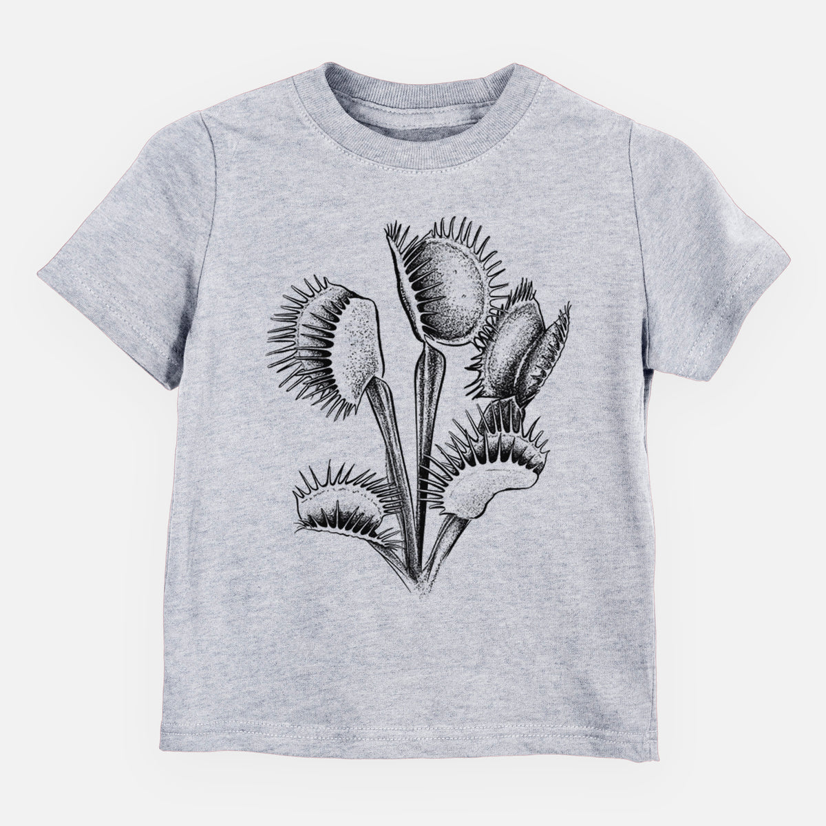Heather grey toddler t-shirt laid flat, printed with a black ink illustration of a Venus flytrap plant with open traps.