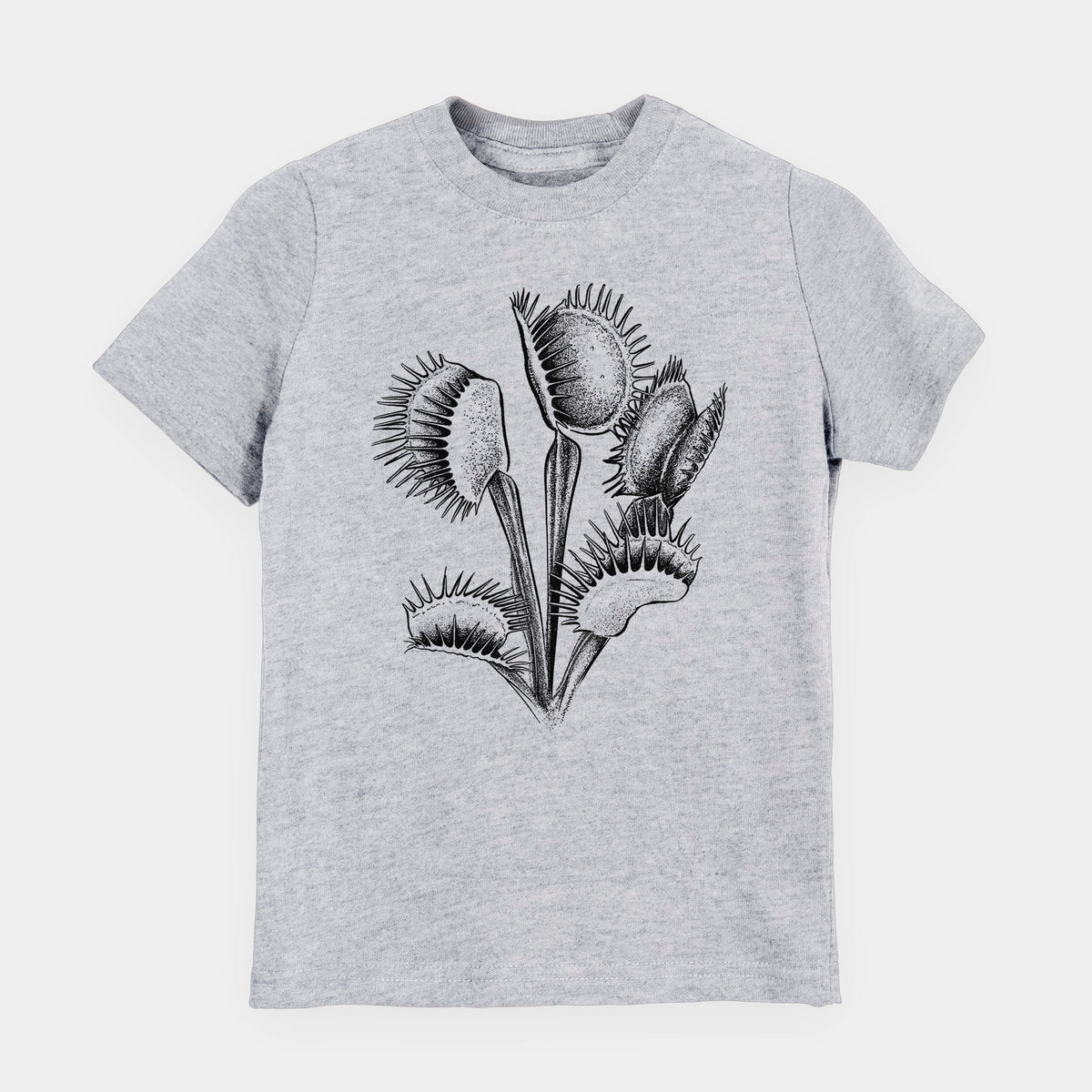 Heather grey youth t-shirt laid flat, printed with a black ink illustration of a Venus flytrap plant with open traps.
