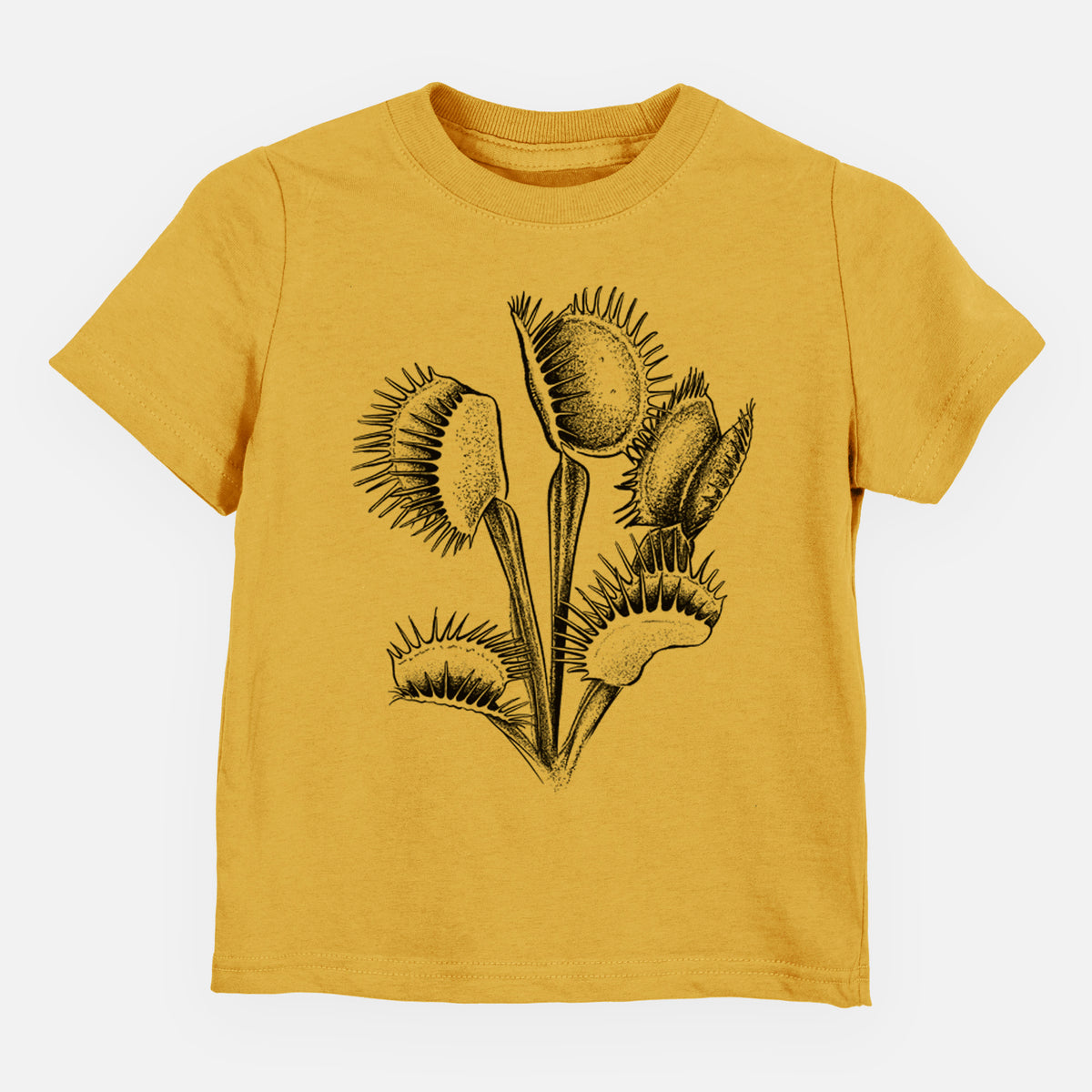 Honeycomb yellow toddler t-shirt laid flat, printed with a black ink illustration of a Venus flytrap plant with open traps.