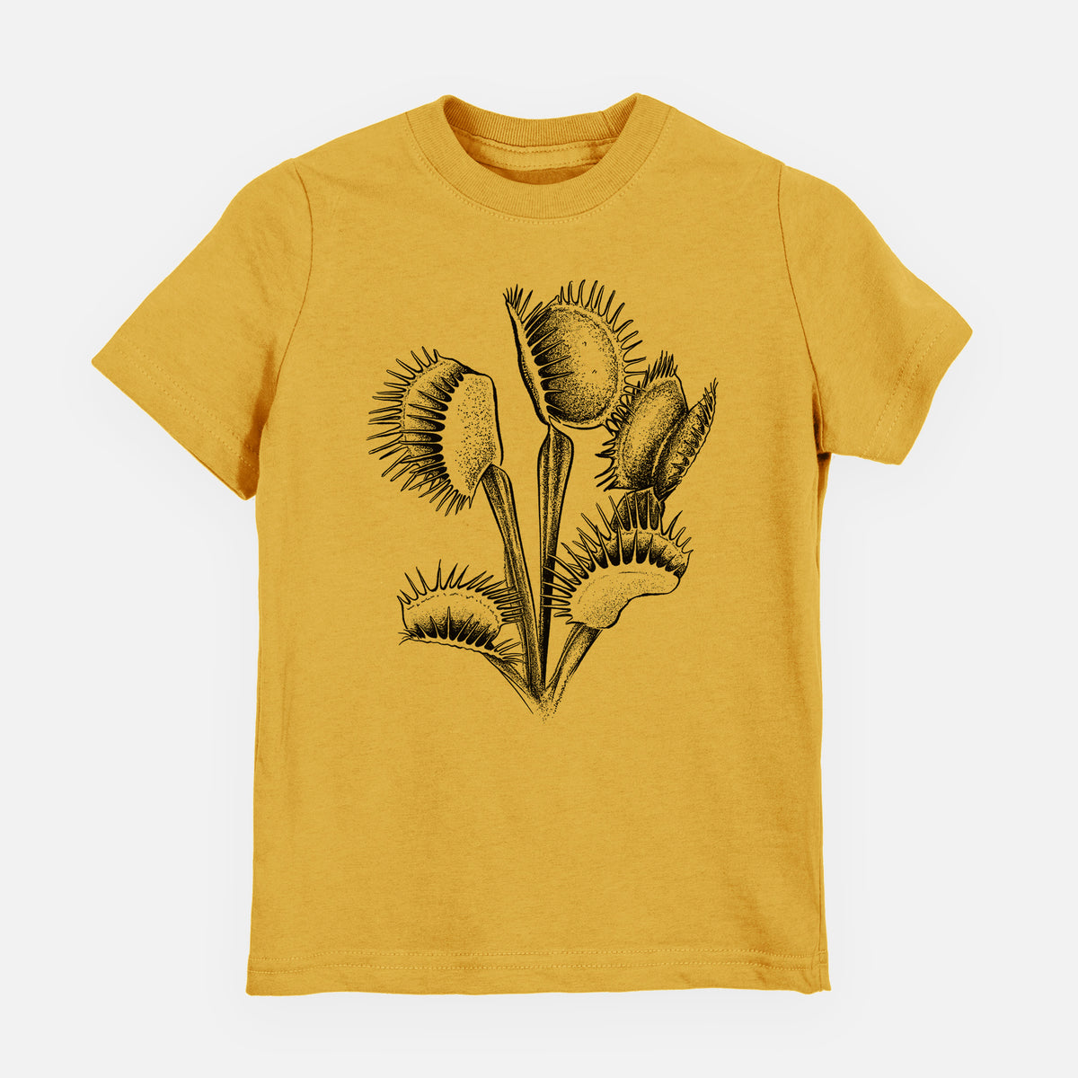 Honeycomb yellow youth t-shirt laid flat, printed with a black ink illustration of a Venus flytrap plant with open traps.