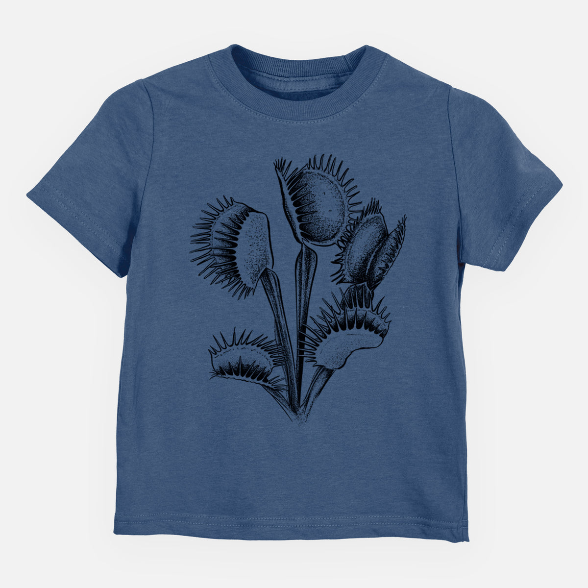 Indigo blue toddler t-shirt laid flat, printed with a black ink illustration of a Venus flytrap plant with open traps.