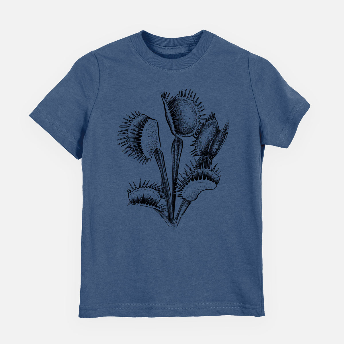 Indigo blue youth t-shirt laid flat, printed with a black ink illustration of a Venus flytrap plant with open traps.