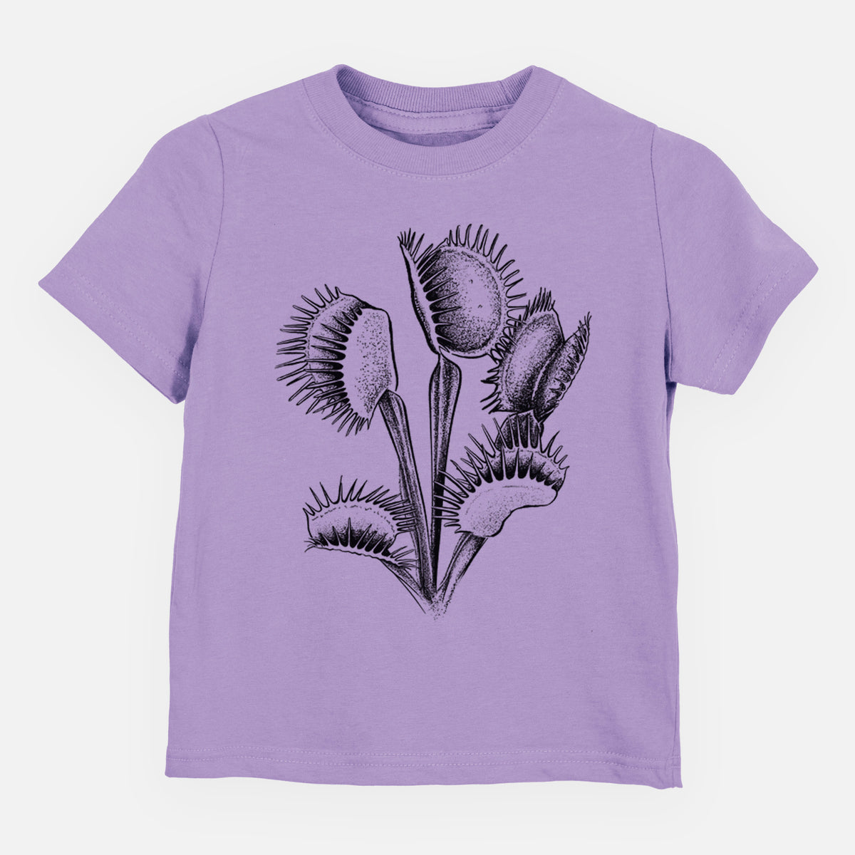 Lavender toddler t-shirt laid flat, printed with a black ink illustration of a Venus flytrap plant with open traps.