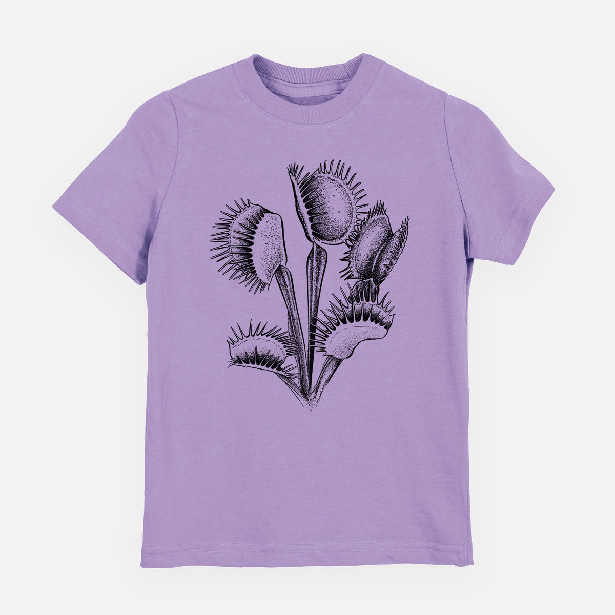 Lavender youth t-shirt laid flat, printed with a black ink illustration of a Venus flytrap plant with open traps.