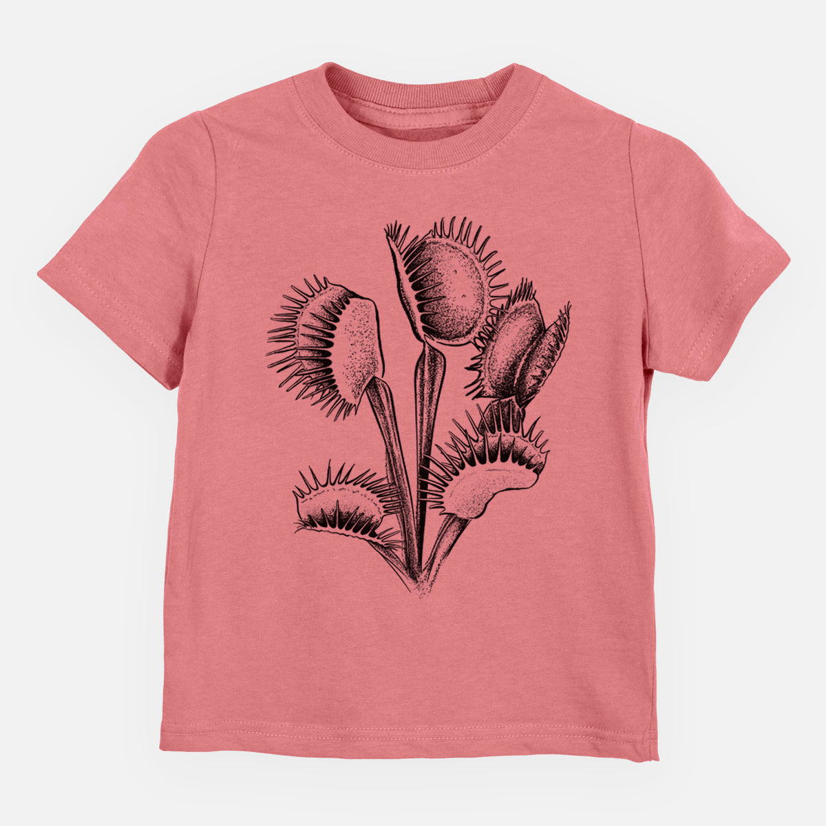 Mauve pink toddler t-shirt laid flat, printed with a black ink illustration of a Venus flytrap plant with open traps.