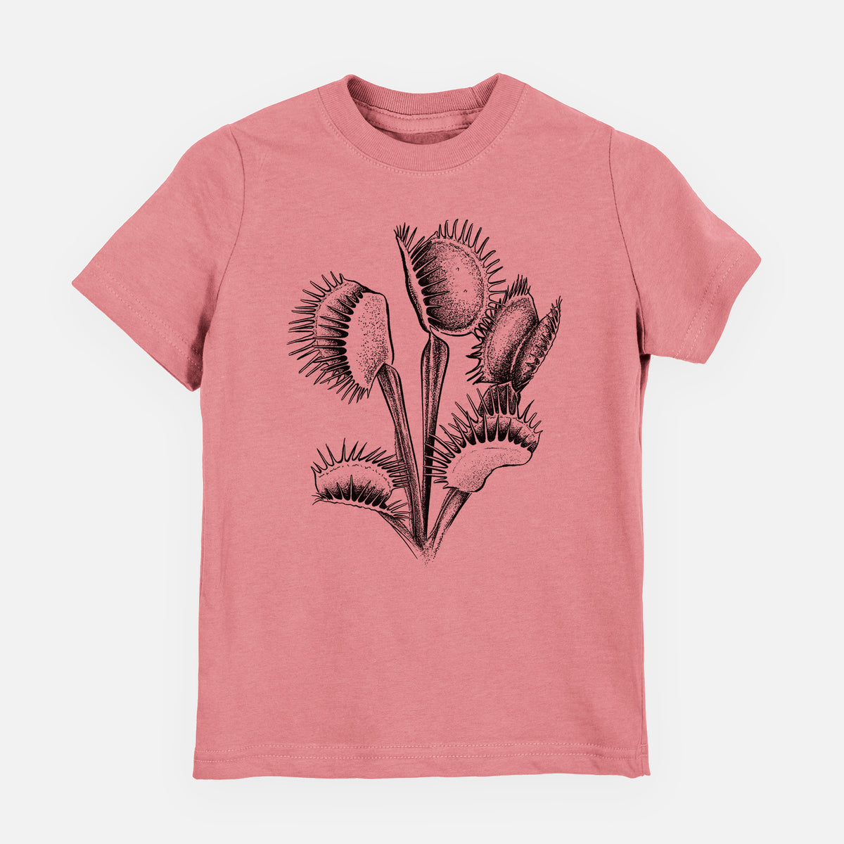 Mauve pink youth t-shirt laid flat, printed with a black ink illustration of a Venus flytrap plant with open traps.
