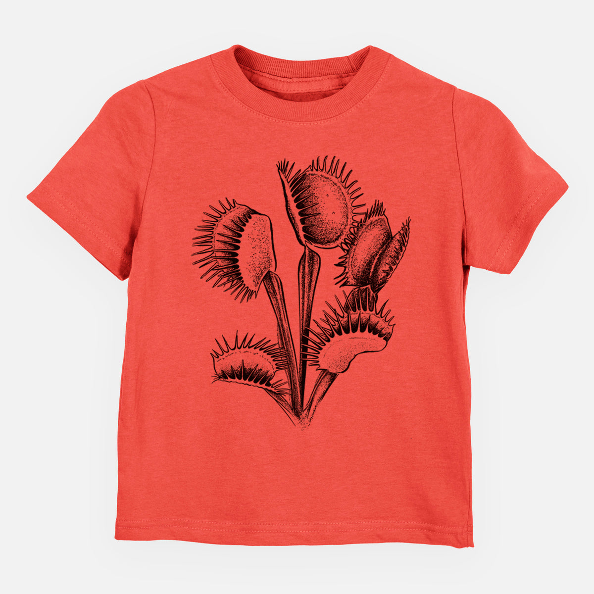 Passionfruit pink toddler t-shirt laid flat, printed with a black ink illustration of a Venus flytrap plant with open traps.