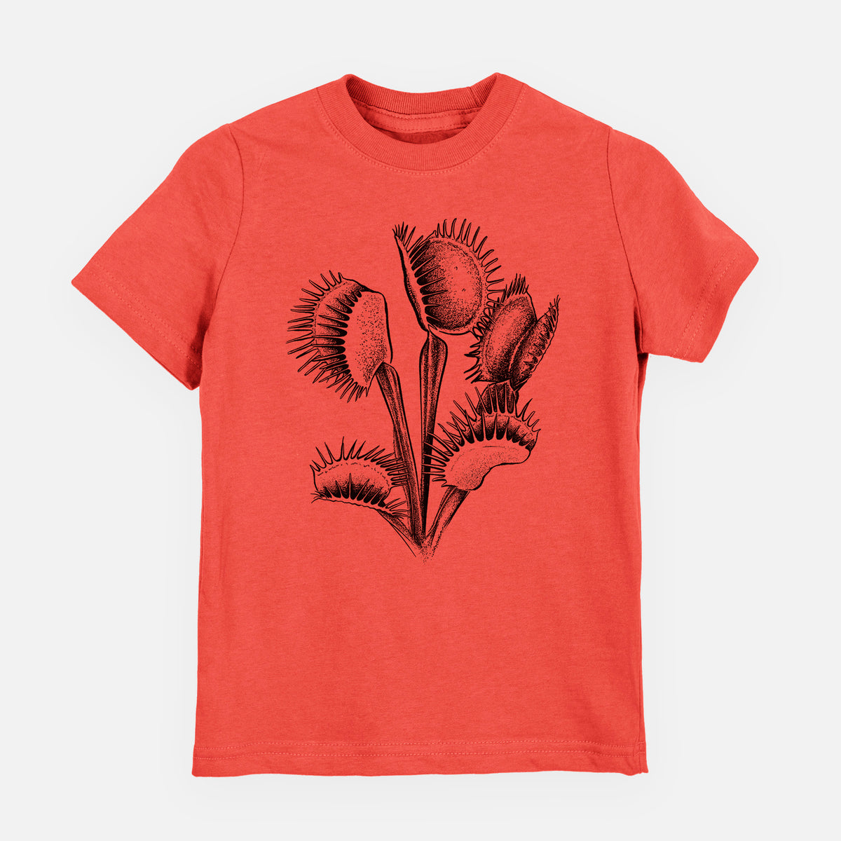 Passionfruit pink youth t-shirt laid flat, printed with a black ink illustration of a Venus flytrap plant with open traps.