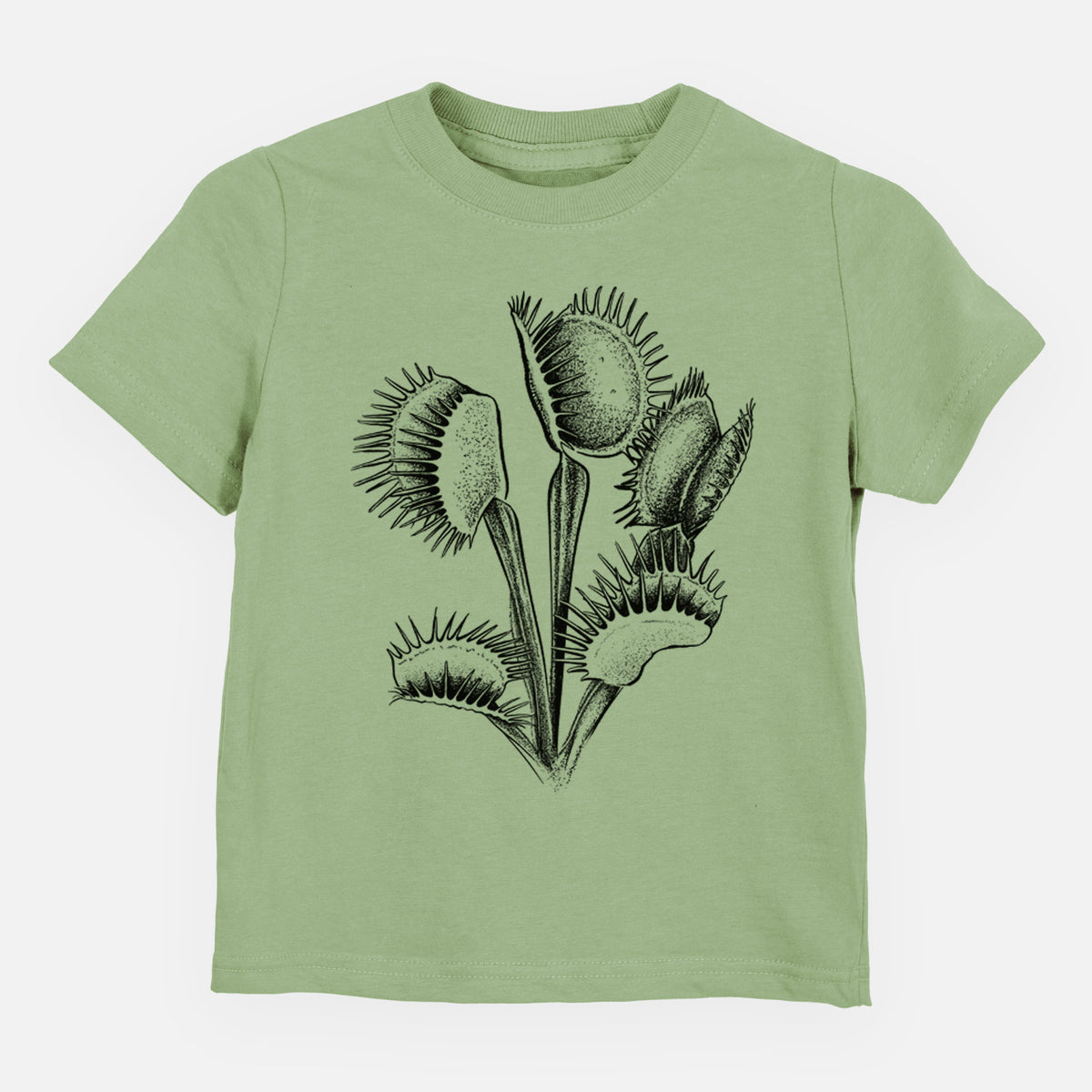 Sage green toddler t-shirt laid flat, printed with a black ink illustration of a Venus flytrap plant with open traps.