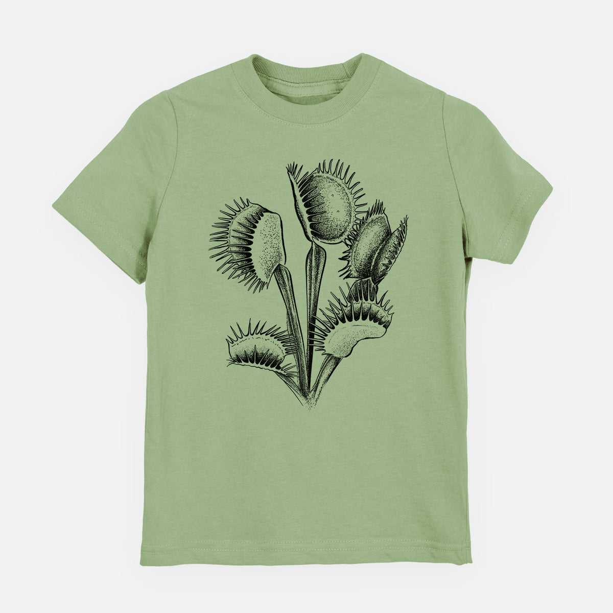 Sage green youth t-shirt laid flat, printed with a black ink illustration of a Venus flytrap plant with open traps.