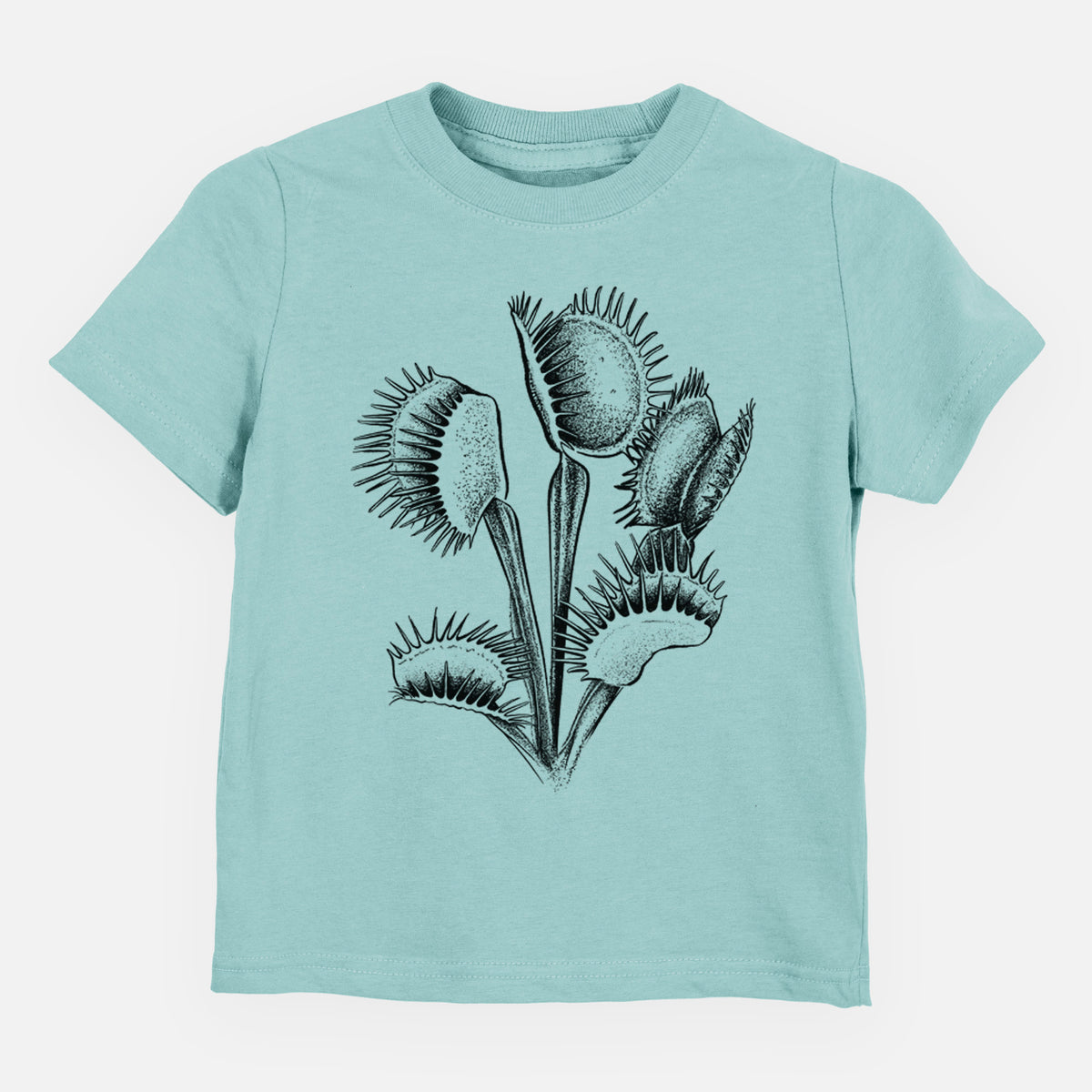 Saltwater toddler t-shirt laid flat, printed with a black ink illustration of a Venus flytrap plant with open traps.