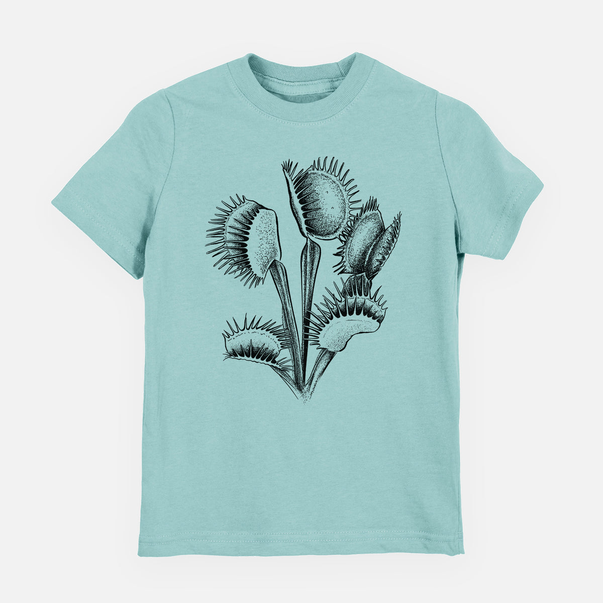 Saltwater youth t-shirt laid flat, printed with a black ink illustration of a Venus flytrap plant with open traps.