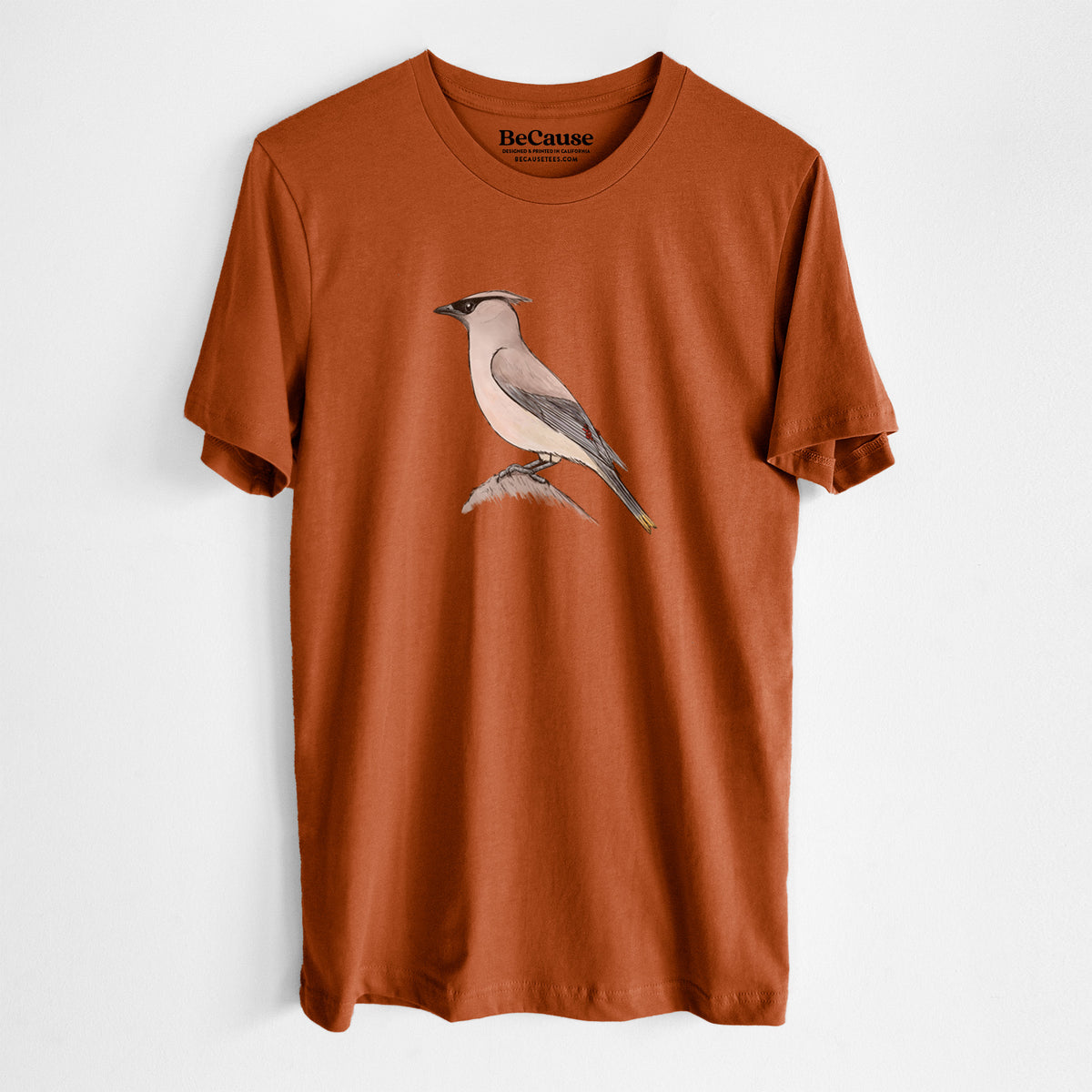Autumn lightweight cotton t-shirt laid flat, printed with a full-color illustration of a cedar waxwing perched on a branch.