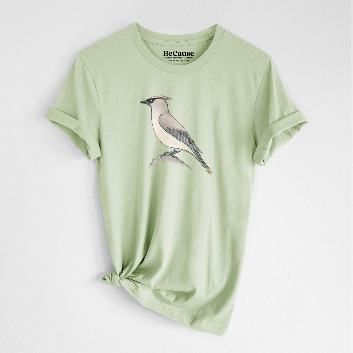 Spring green lightweight cotton t-shirt laid flat with the sleeves rolled, printed with a full-color illustration of a cedar waxwing perched on a branch.