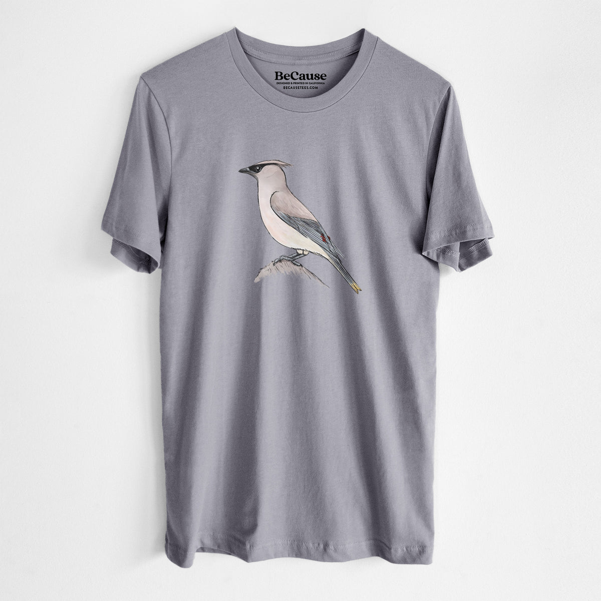Storm grey lightweight cotton t-shirt laid flat, printed with a full-color illustration of a cedar waxwing perched on a branch.
