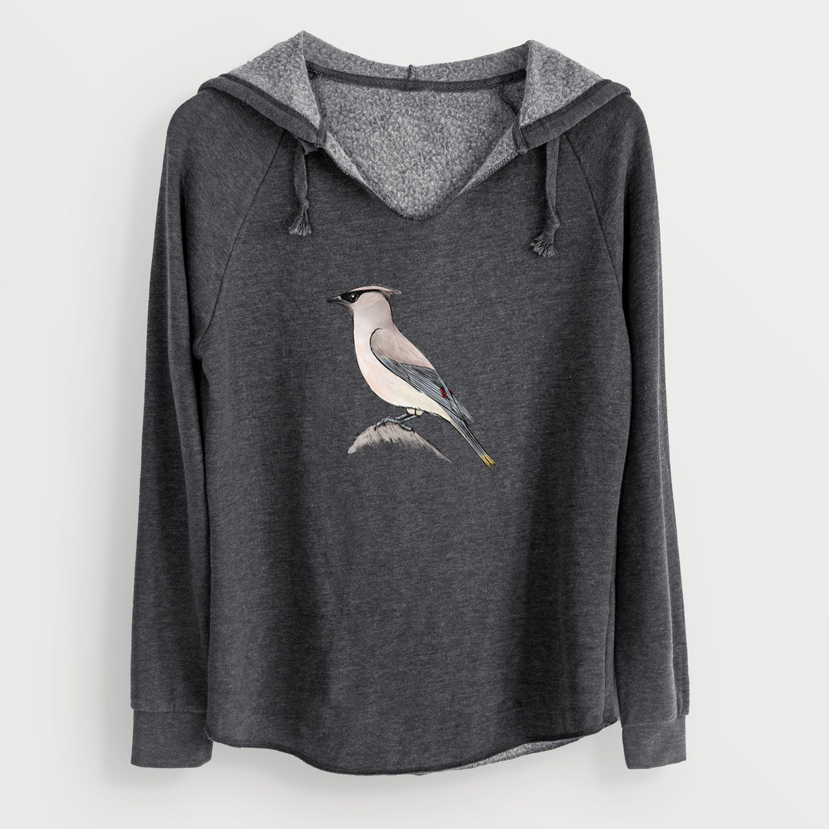 Charcoal grey women's Cali Wave hooded sweatshirt laid flat, printed with a full-color illustration of a cedar waxwing perched on a branch.