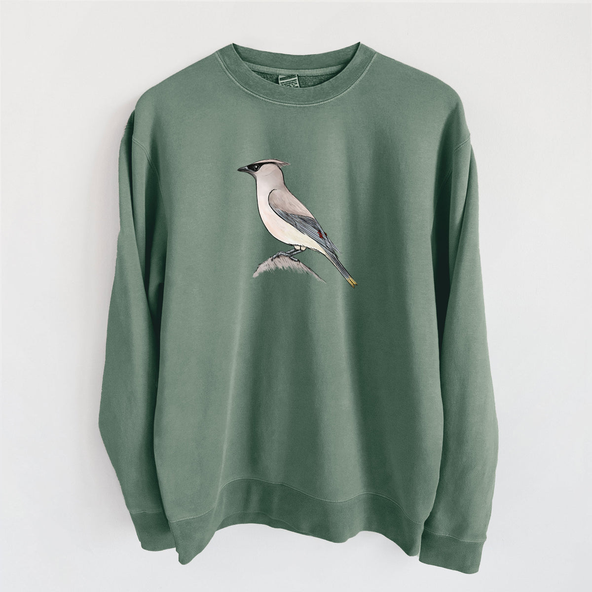 Vibrant Cedar Waxwing - Bombycilla cedrorum - Unisex Pigment Dyed Crew Sweatshirt in Alpine Green