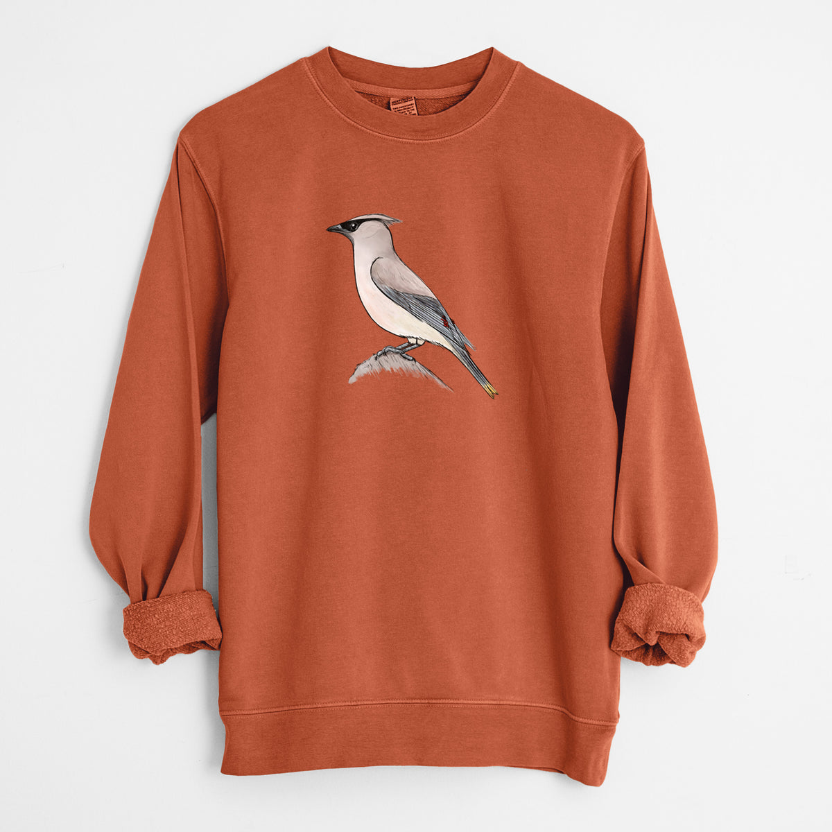 Vibrant Cedar Waxwing - Bombycilla cedrorum - Unisex Pigment Dyed Crew Sweatshirt in Amber