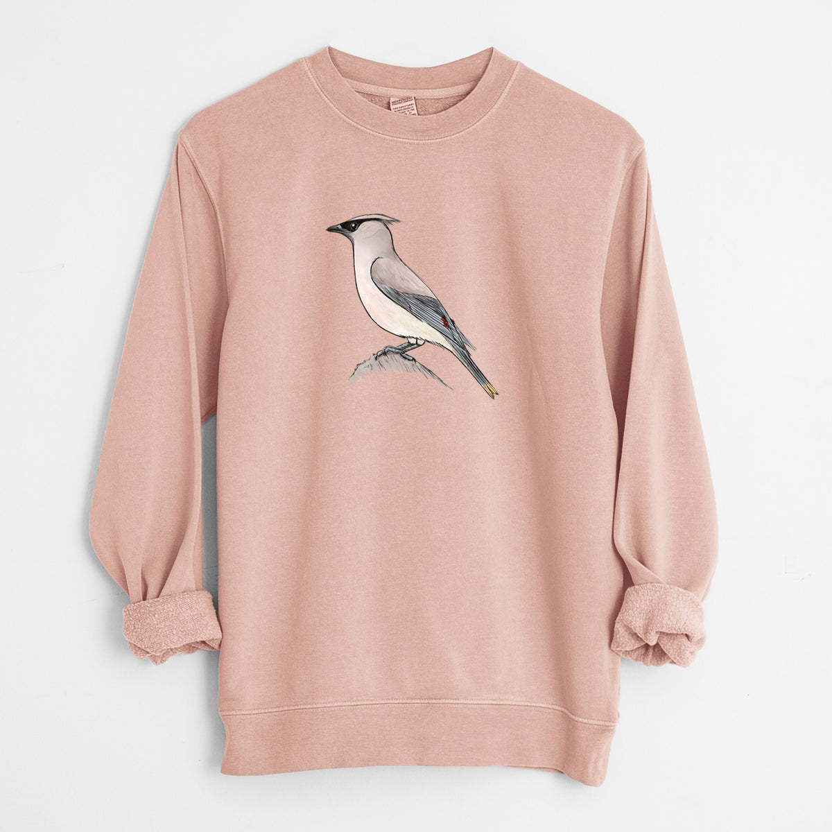 Vibrant Cedar Waxwing - Bombycilla cedrorum - Unisex Pigment Dyed Crew Sweatshirt in Dusty Pink