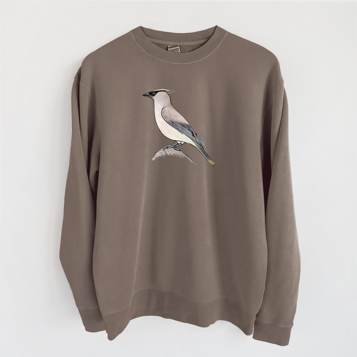 Vibrant Cedar Waxwing - Bombycilla cedrorum - Unisex Pigment Dyed Crew Sweatshirt in Espresso