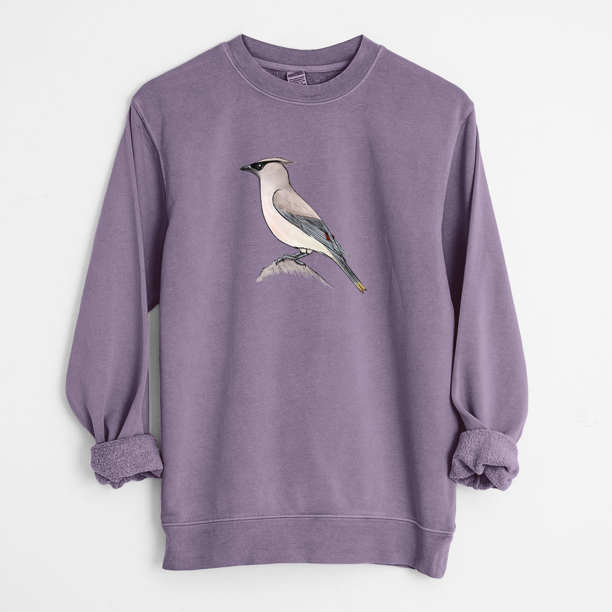 Vibrant Cedar Waxwing - Bombycilla cedrorum - Unisex Pigment Dyed Crew Sweatshirt in Plum