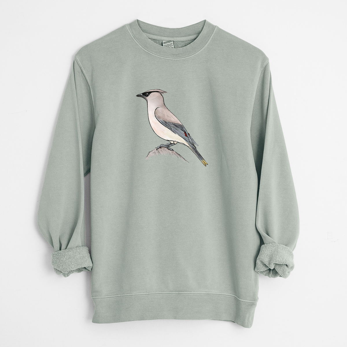 Vibrant Cedar Waxwing - Bombycilla cedrorum - Unisex Pigment Dyed Crew Sweatshirt in Sage