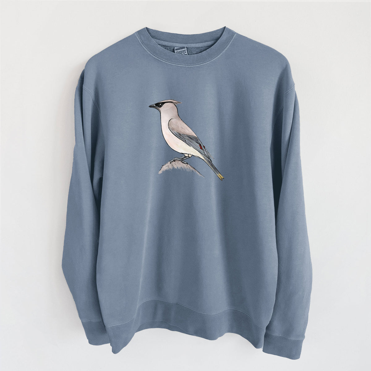 Vibrant Cedar Waxwing - Bombycilla cedrorum - Unisex Pigment Dyed Crew Sweatshirt in Slate Blue