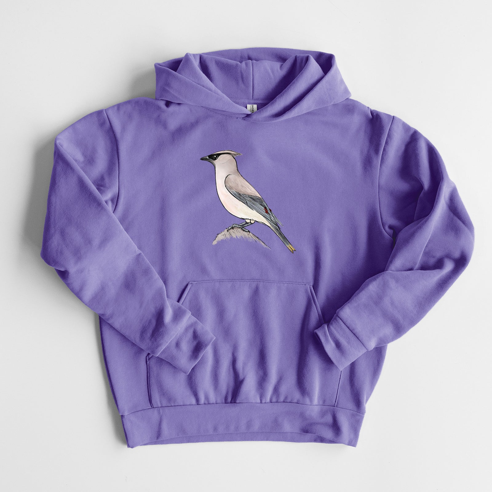 Vibrant Cedar Waxwing - Bombycilla cedrorum - Statement Midweight Hoodie in Violet, laid flat, showing the oversized boxy fit and front kangaroo pocket.
