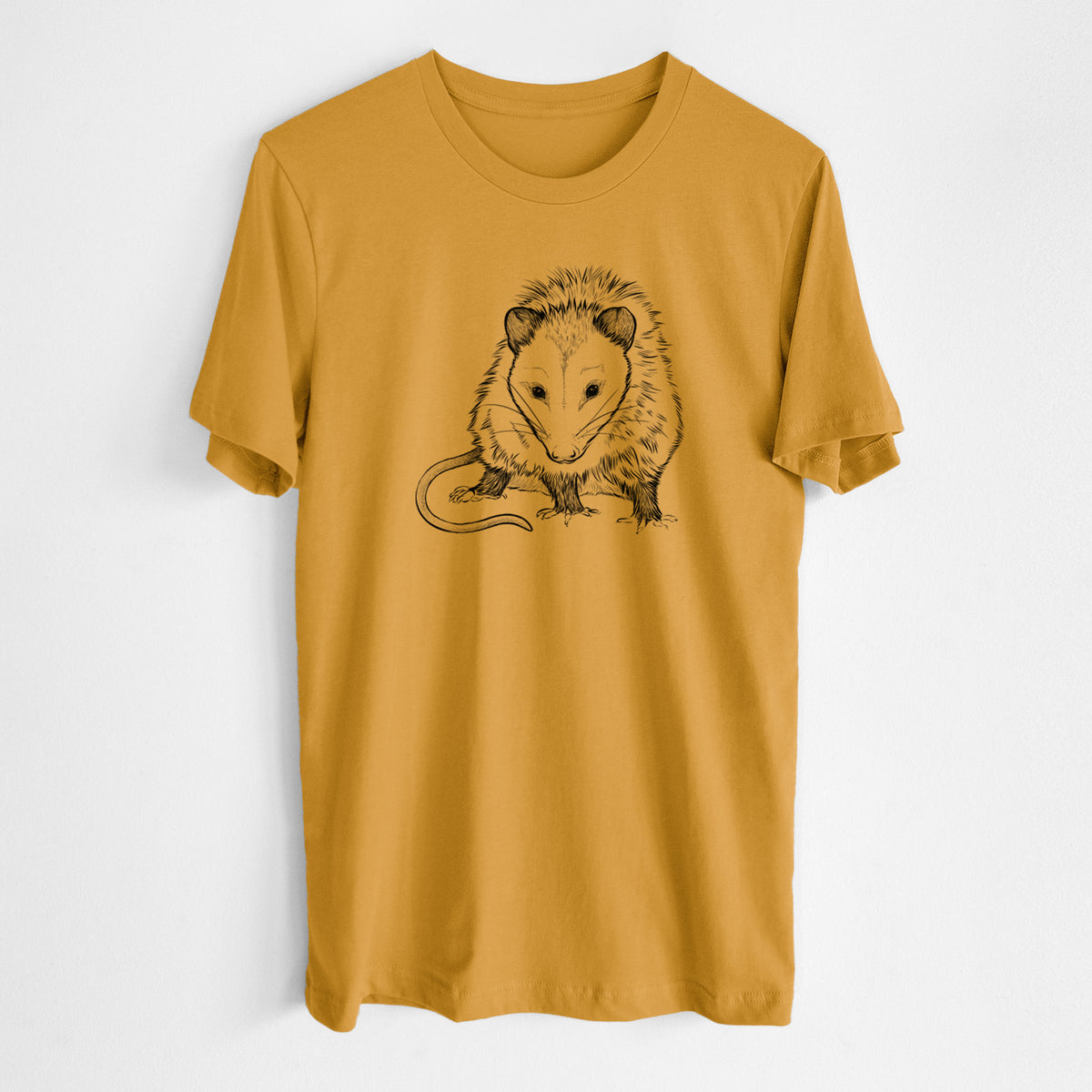 Honeycomb yellow lightweight cotton t-shirt laid flat, printed with a detailed black ink illustration of a Virginia opossum standing with its long tail curled.