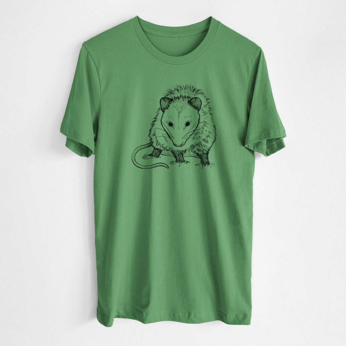 Leaf green lightweight cotton t-shirt laid flat, printed with a detailed black ink illustration of a Virginia opossum standing with its long tail curled.