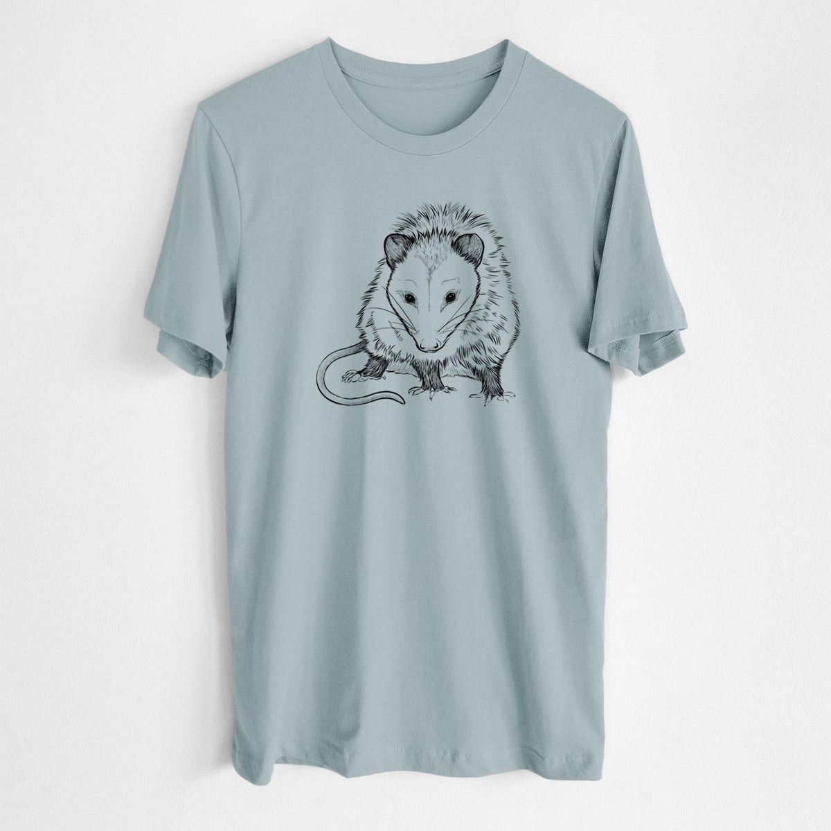 Vintage denim lightweight cotton t-shirt laid flat, printed with a detailed black ink illustration of a Virginia opossum standing with its long tail curled.