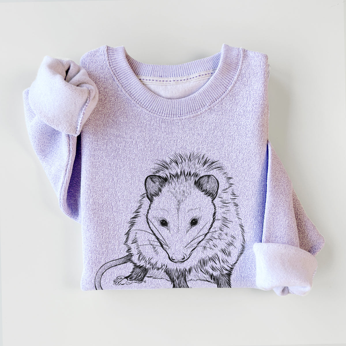Ice purple knit sweatshirt printed with a detailed black ink illustration of a Virginia opossum standing with its long tail curled, styled flat.