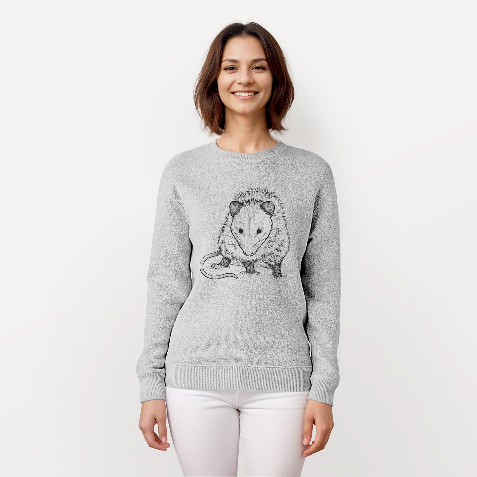 Salt and pepper knit sweatshirt laid flat, printed with a detailed black ink illustration of a Virginia opossum standing with its long tail curled.