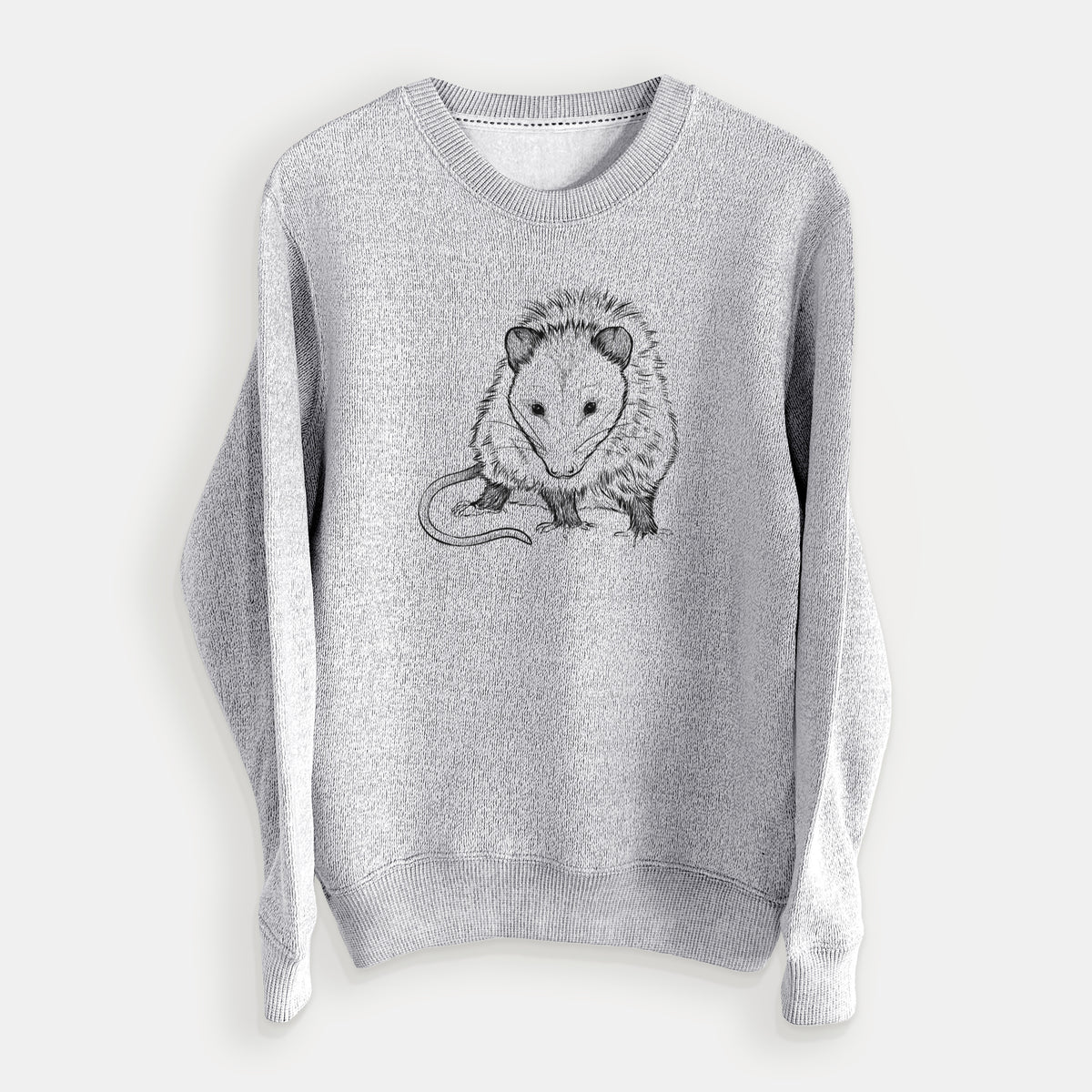 Salt and pepper knit sweatshirt laid flat, printed with a detailed black ink illustration of a Virginia opossum standing with its long tail curled.
