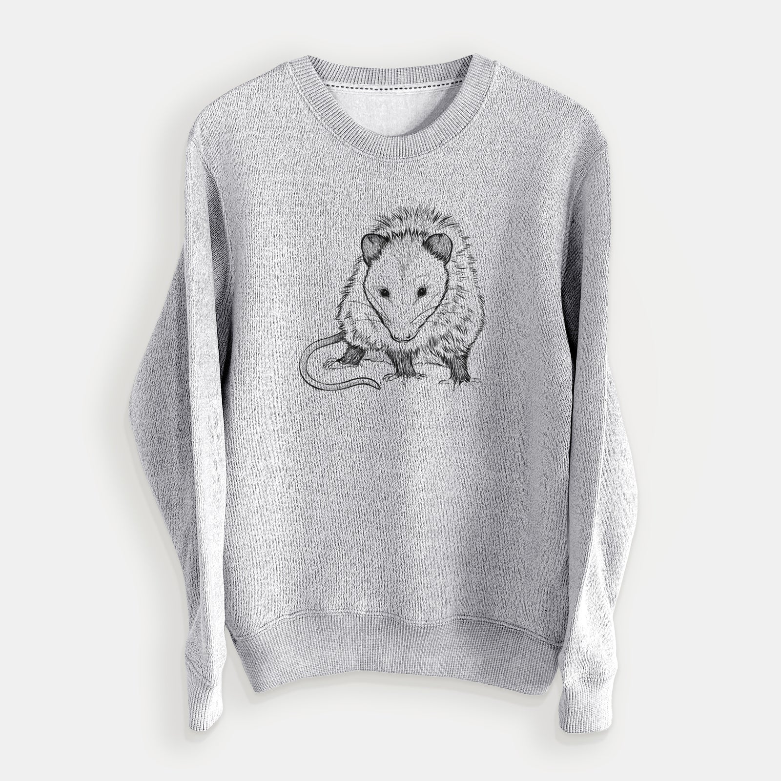 Salt and pepper knit sweatshirt laid flat, printed with a detailed black ink illustration of a Virginia opossum standing with its long tail curled.