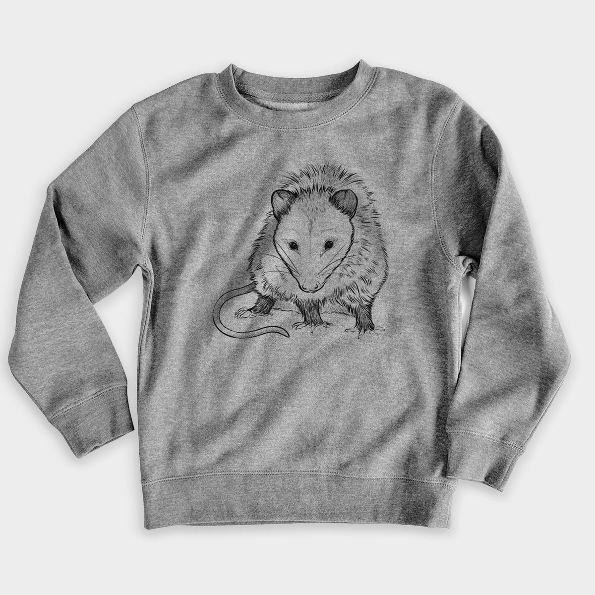 Nickel grey youth crewneck sweatshirt laid flat, printed with a detailed black ink illustration of a Virginia opossum standing with its long tail curled.