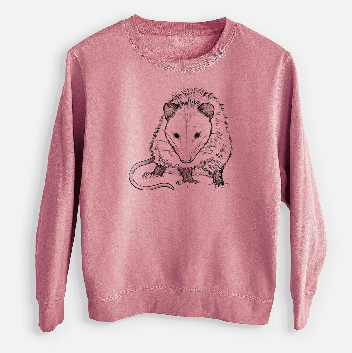 Mauve pink youth crewneck sweatshirt laid flat, printed with a detailed black ink illustration of a Virginia opossum standing with its long tail curled.