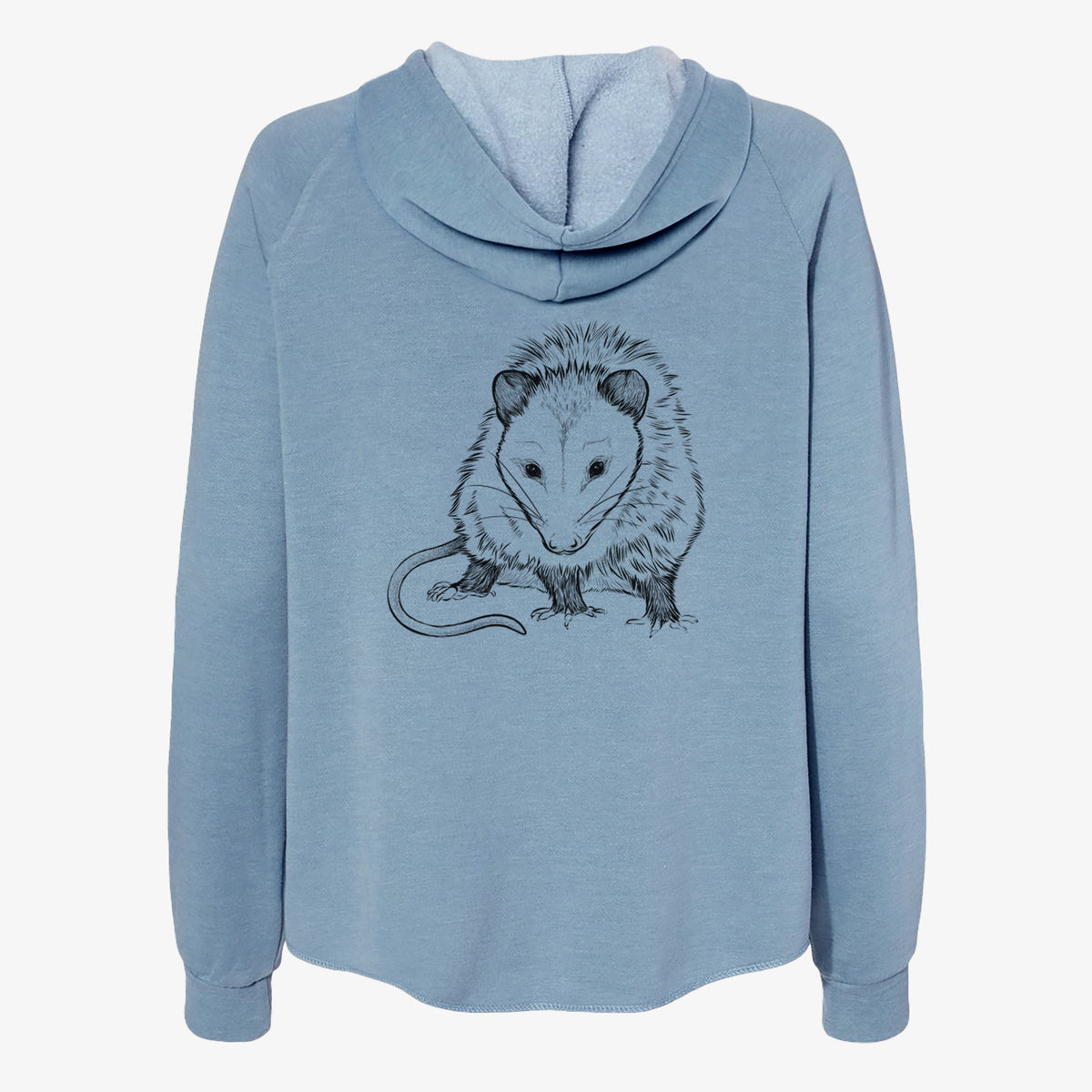 Misty blue women's Cali Wave zip-up sweatshirt laid flat, printed with a detailed black ink illustration of a Virginia opossum standing with its long tail curled.