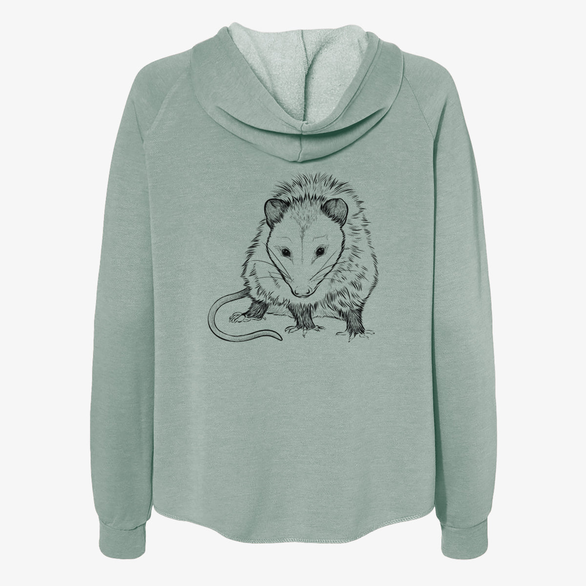 Sage green women's Cali Wave zip-up sweatshirt laid flat, printed with a detailed black ink illustration of a Virginia opossum standing with its long tail curled.