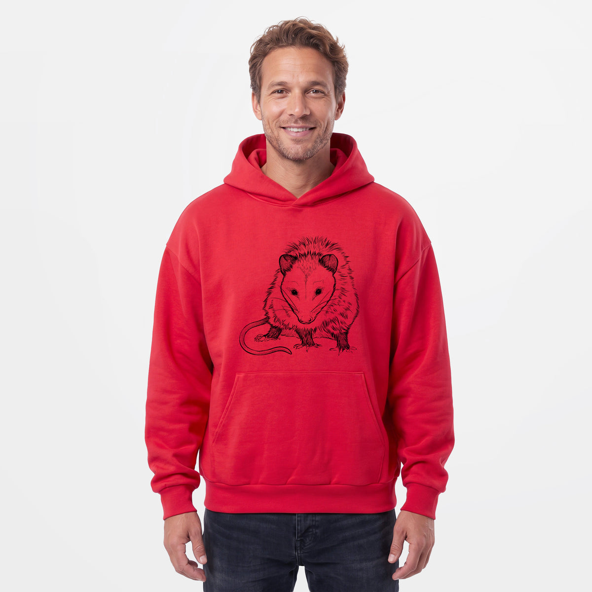 Male model wearing the Virginia Opossum - Didelphis virginiana - Statement Midweight Hoodie.