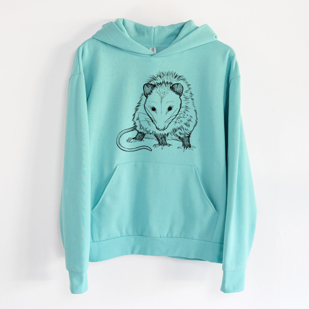 Virginia Opossum - Didelphis virginiana - Statement Midweight Hoodie in Seafoam, hanging on a white wall, with a front kangaroo pocket and no drawcords.