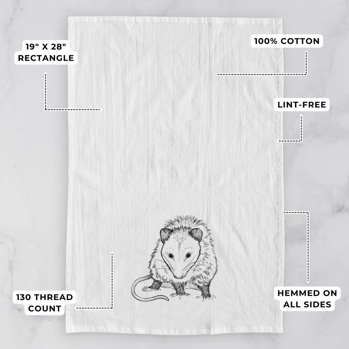 White tea towel printed with a detailed black ink illustration of a Virginia opossum standing with its long tail curled, with feature labels: 19 by 28 inch rectangle, 100% cotton, lint-free, 130 thread count, hemmed on all sides.