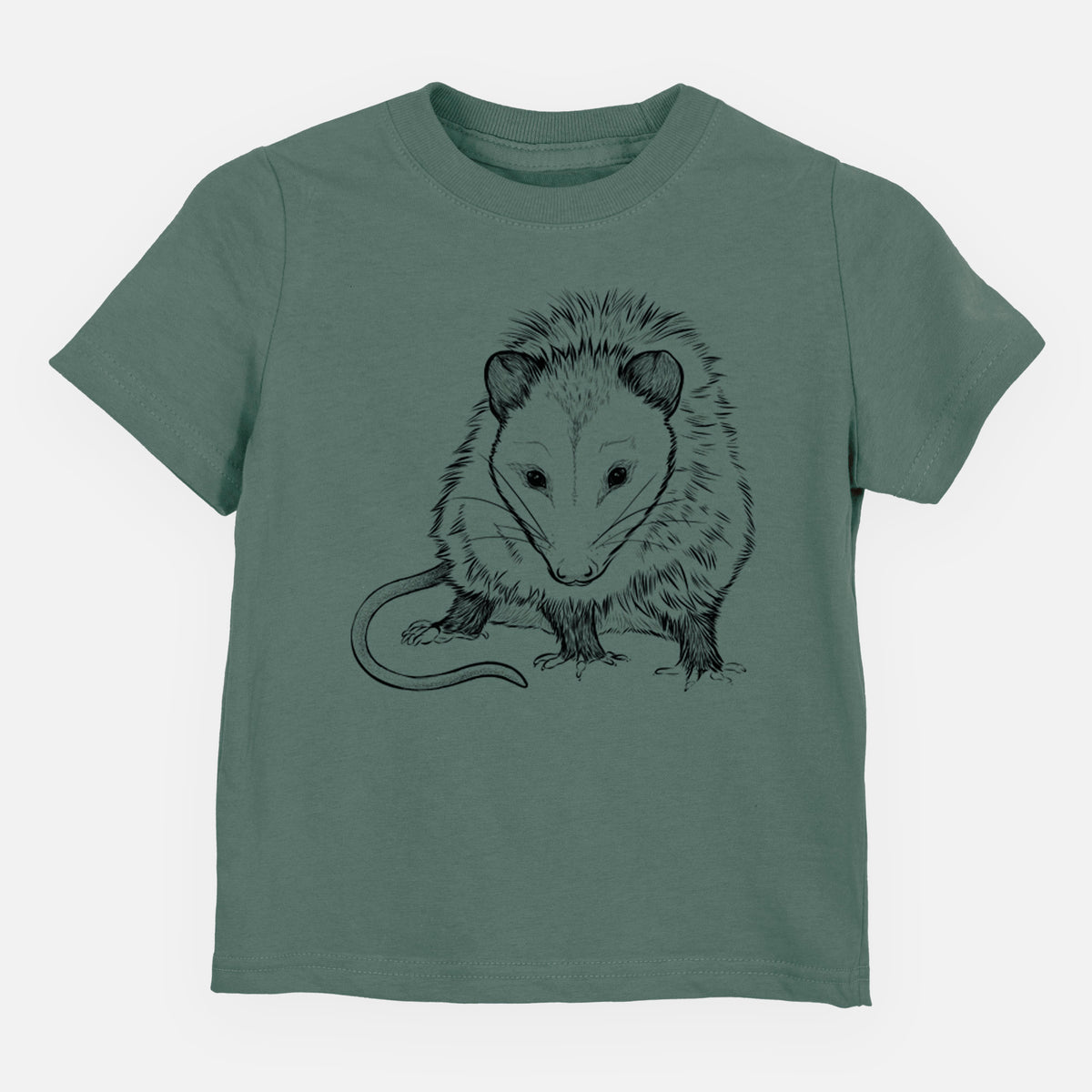 Basil green toddler t-shirt laid flat, printed with a detailed black ink illustration of a Virginia opossum standing with its long tail curled.