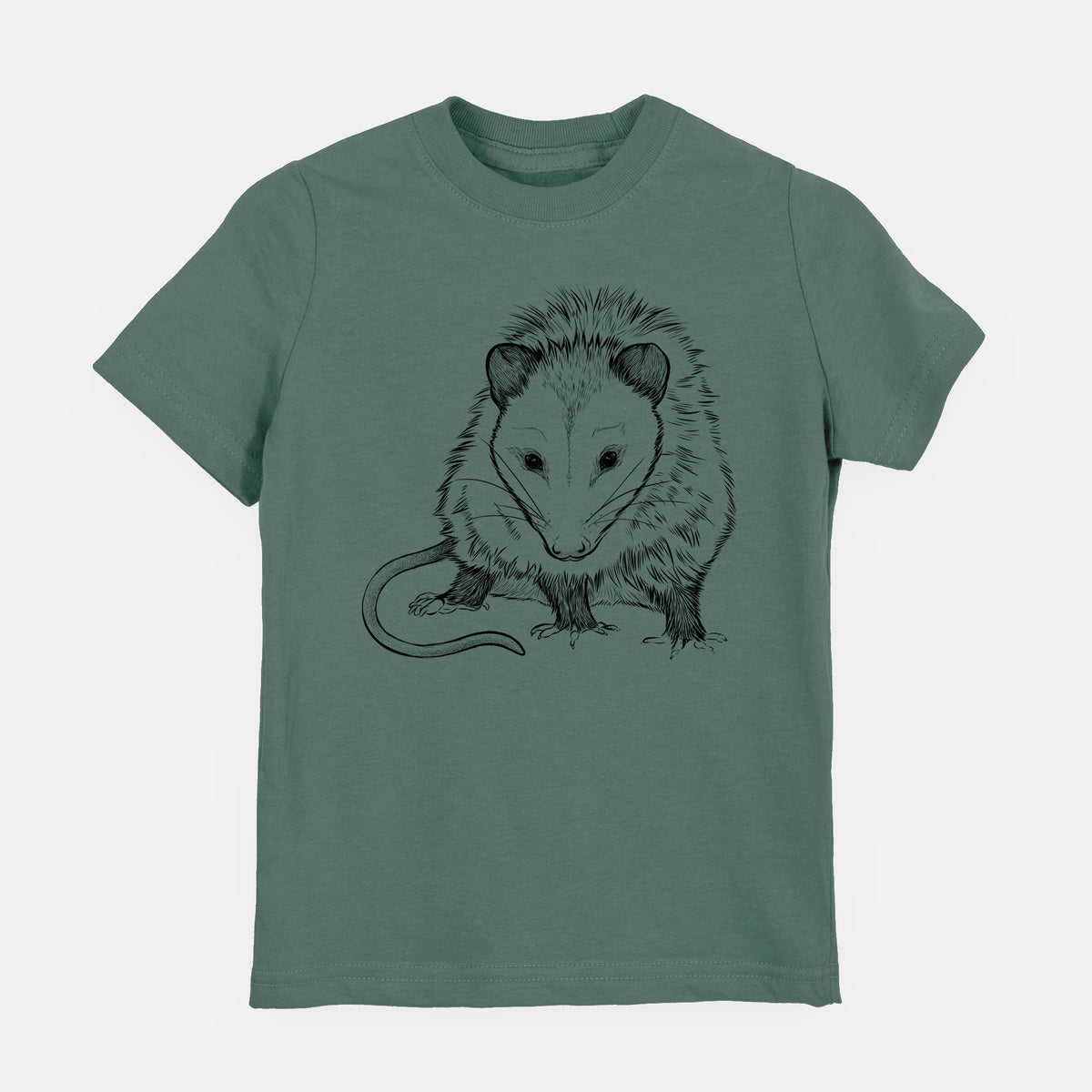 Basil green youth t-shirt laid flat, printed with a detailed black ink illustration of a Virginia opossum standing with its long tail curled.