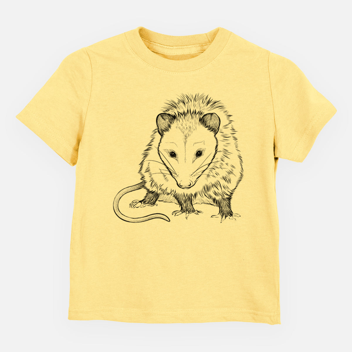 Butter yellow toddler t-shirt laid flat, printed with a detailed black ink illustration of a Virginia opossum standing with its long tail curled.