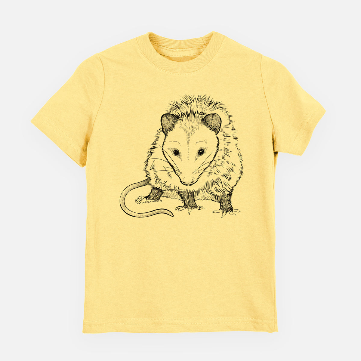 Butter yellow youth t-shirt laid flat, printed with a detailed black ink illustration of a Virginia opossum standing with its long tail curled.