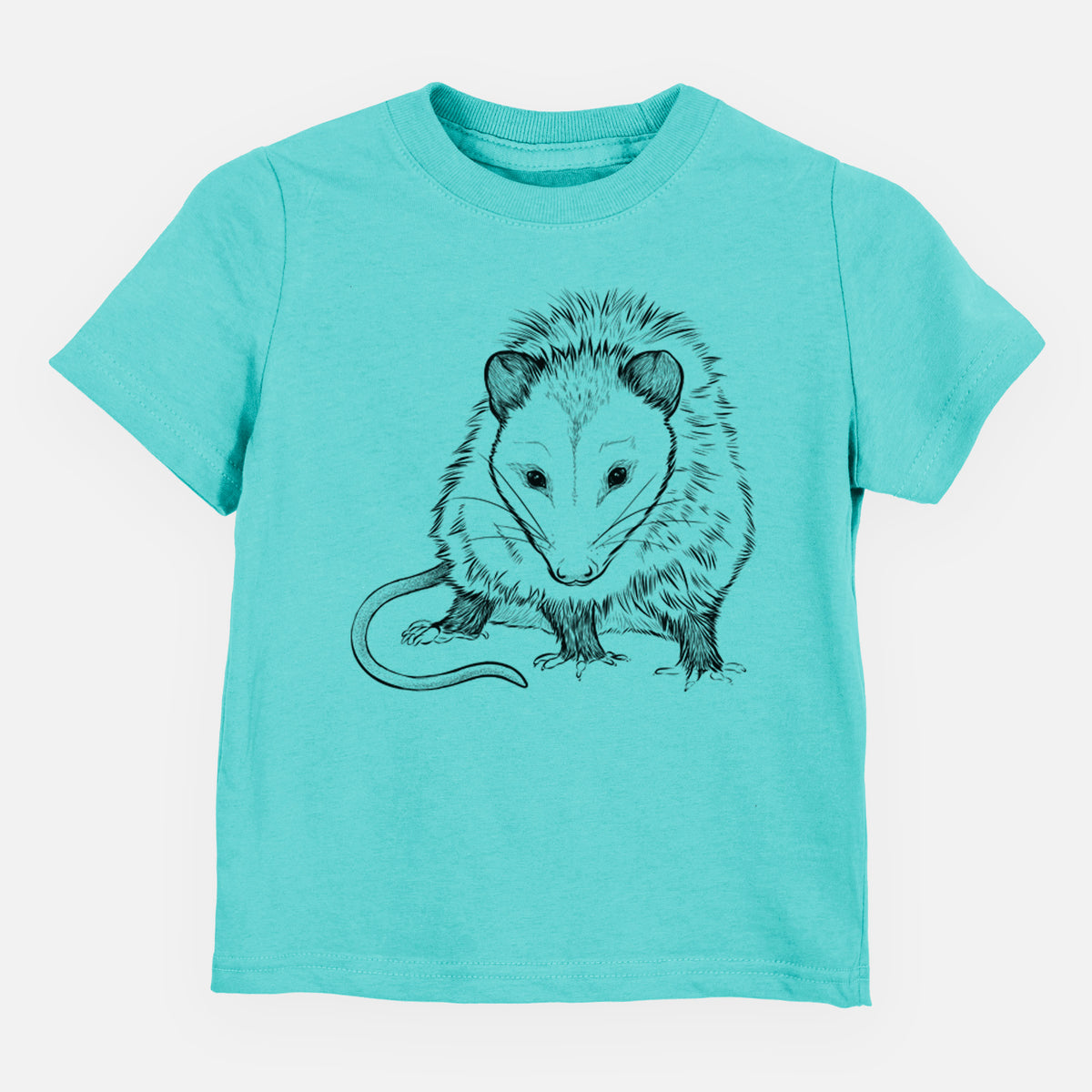 Caribbean blue toddler t-shirt laid flat, printed with a detailed black ink illustration of a Virginia opossum standing with its long tail curled.